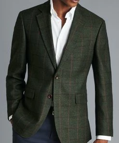 Oxford & Evergreen Charles Tyrwhitt Textured Wool Windowpane Check Jacket, Forest Green Clothing