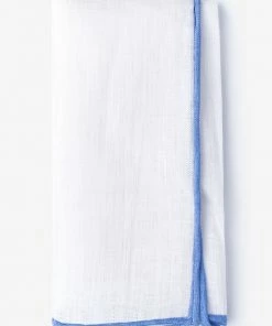 Oxford & Evergreen Accessories Ties.com White Linen Pocket Square With Periwinkle (Light Blue) Rolled Edges